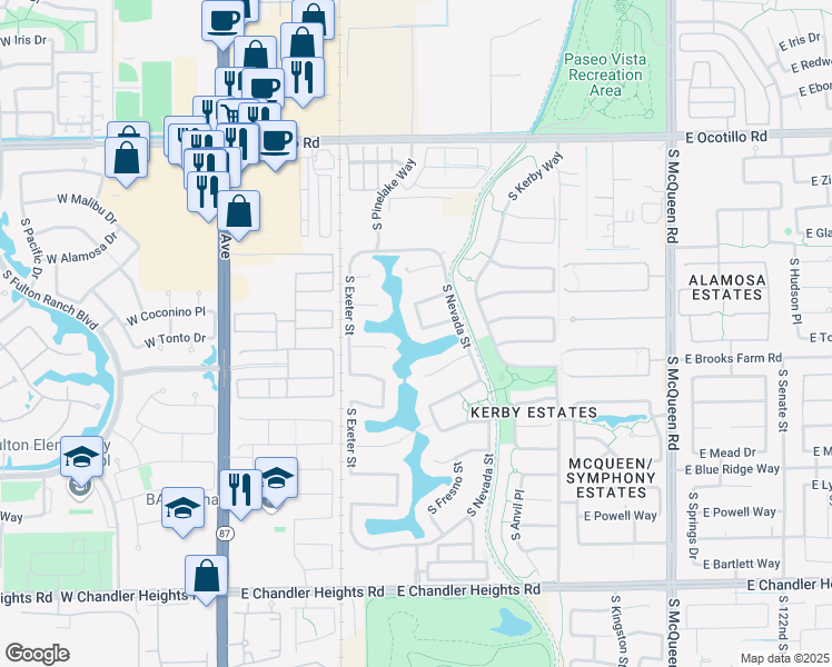 map of restaurants, bars, coffee shops, grocery stores, and more near 4300 South Fresno Street in Chandler