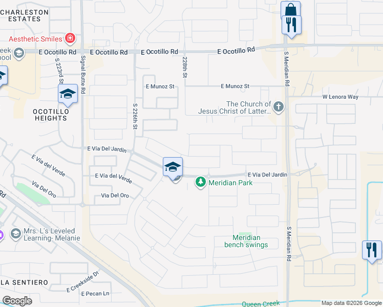 map of restaurants, bars, coffee shops, grocery stores, and more near 22840 East Desert Hills Drive in Queen Creek