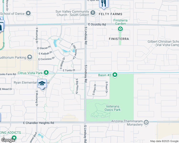map of restaurants, bars, coffee shops, grocery stores, and more near 4470 South Amethyst Drive in Chandler