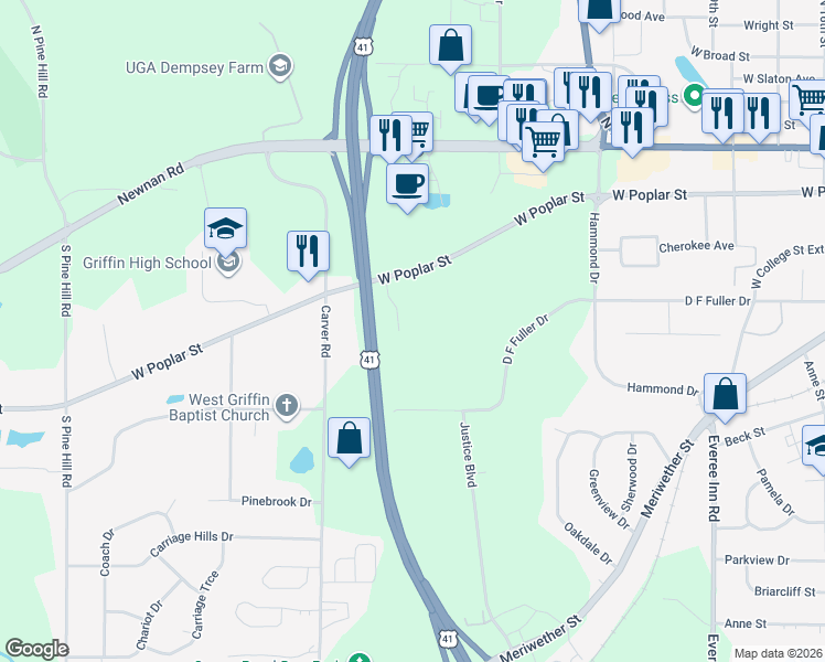 map of restaurants, bars, coffee shops, grocery stores, and more near 314 Willow Way in Griffin