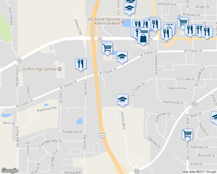 map of restaurants, bars, coffee shops, grocery stores, and more near 314 Willow Way in Griffin
