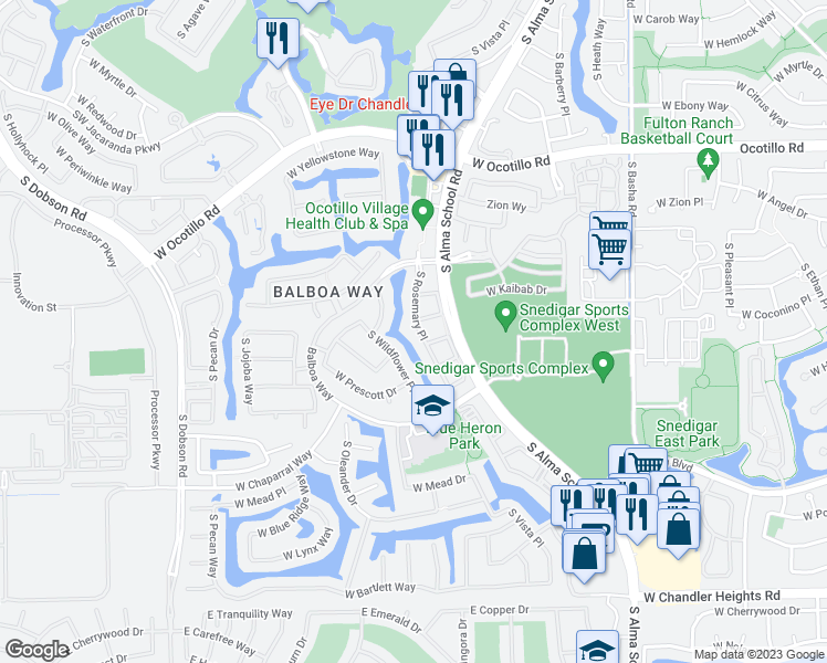 map of restaurants, bars, coffee shops, grocery stores, and more near 4390 South Rosemary Place in Chandler