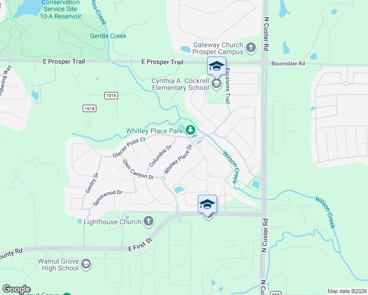 map of restaurants, bars, coffee shops, grocery stores, and more near 601 Whitley Place Drive in Prosper