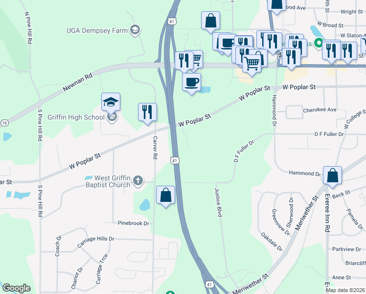map of restaurants, bars, coffee shops, grocery stores, and more near 311 Willow Way in Griffin