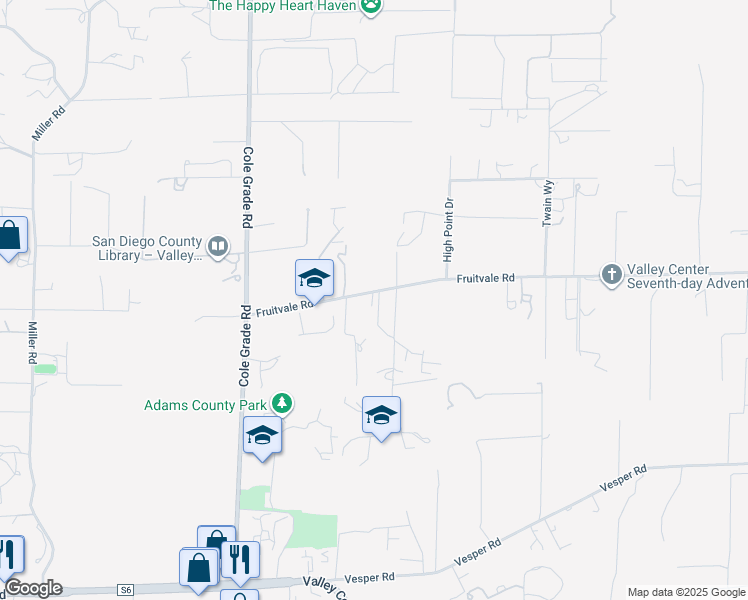 map of restaurants, bars, coffee shops, grocery stores, and more near 14441 Fruitvale Road in Valley Center