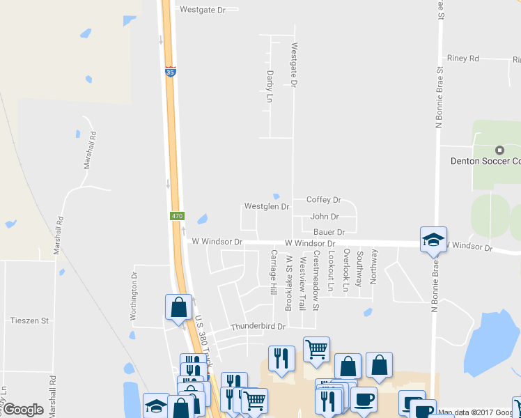 map of restaurants, bars, coffee shops, grocery stores, and more near 2731 Clarendon Drive in Denton