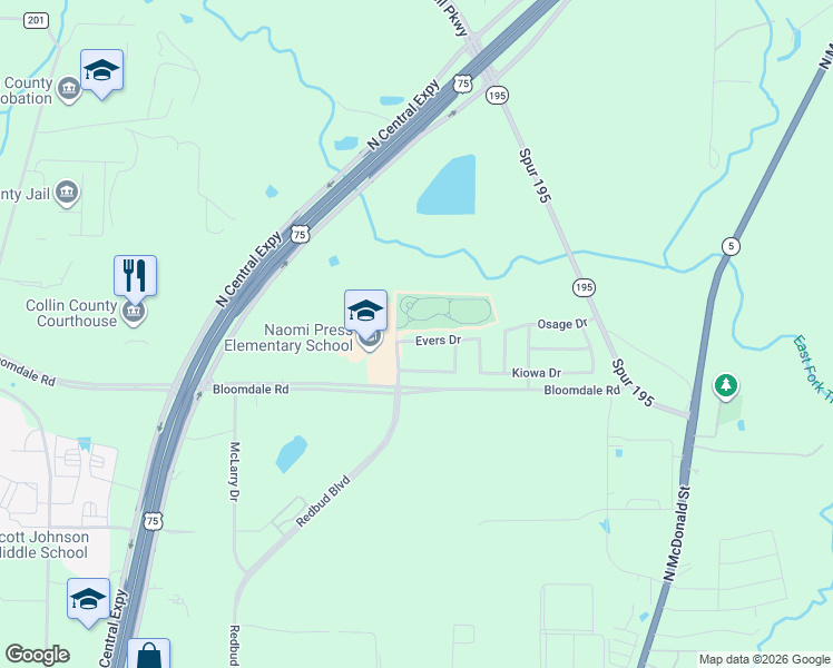 map of restaurants, bars, coffee shops, grocery stores, and more near 1208 Evers Drive in McKinney