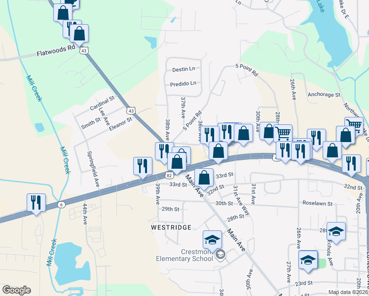 map of restaurants, bars, coffee shops, grocery stores, and more near 3621 36th St in Northport