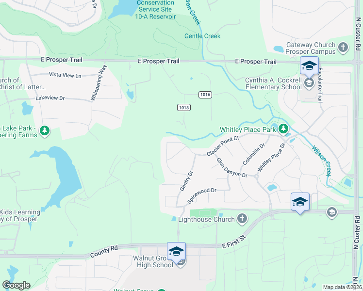 map of restaurants, bars, coffee shops, grocery stores, and more near 3470 Glacier Point Court in Prosper
