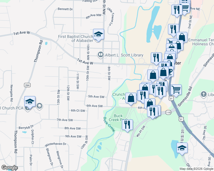 map of restaurants, bars, coffee shops, grocery stores, and more near 328 8th Street Southwest in Alabaster