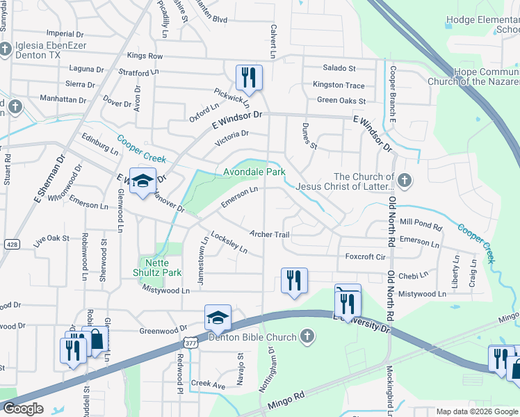 map of restaurants, bars, coffee shops, grocery stores, and more near 2911 Nottingham Drive in Denton