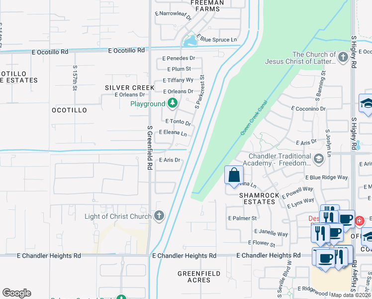 map of restaurants, bars, coffee shops, grocery stores, and more near 2547 East Prescott Court in Gilbert