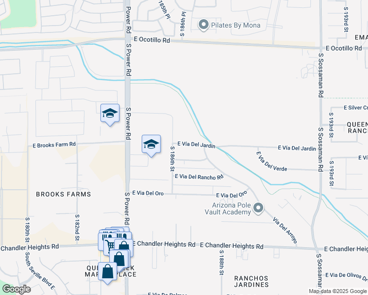map of restaurants, bars, coffee shops, grocery stores, and more near 18625 East Vía Del Jardin in Queen Creek