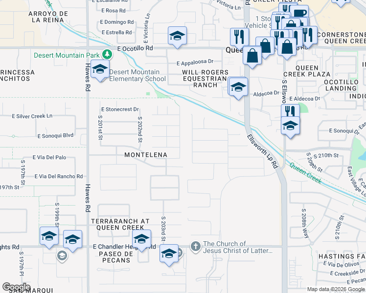map of restaurants, bars, coffee shops, grocery stores, and more near 22797 South 204th Street in Queen Creek