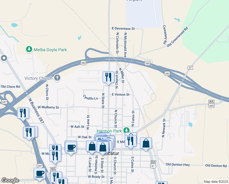 map of restaurants, bars, coffee shops, grocery stores, and more near 1003 North Church Street in Decatur