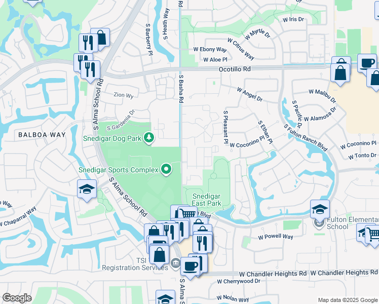 map of restaurants, bars, coffee shops, grocery stores, and more near 4489 South Felix Place in Chandler
