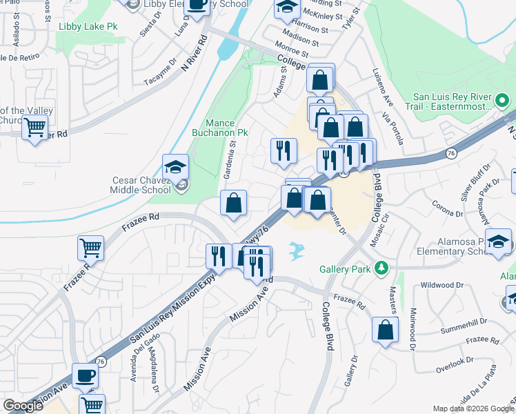 map of restaurants, bars, coffee shops, grocery stores, and more near 4776 Dalea Place in Oceanside