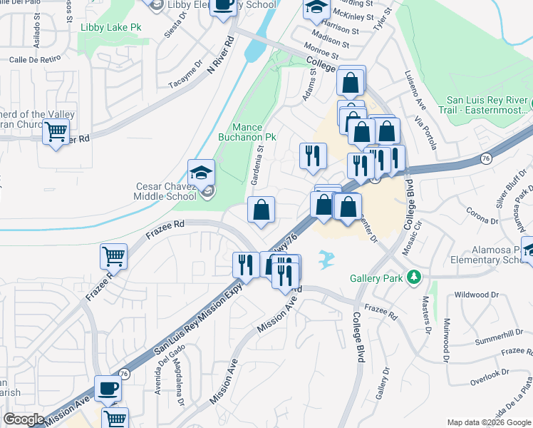 map of restaurants, bars, coffee shops, grocery stores, and more near 4736 Dalea Place in Oceanside