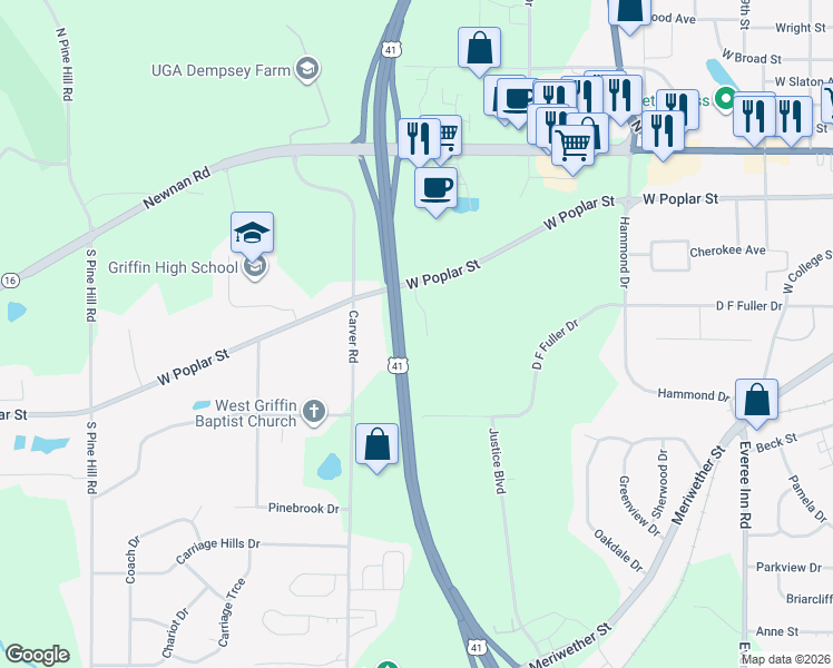 map of restaurants, bars, coffee shops, grocery stores, and more near 311 Willow Way in Griffin
