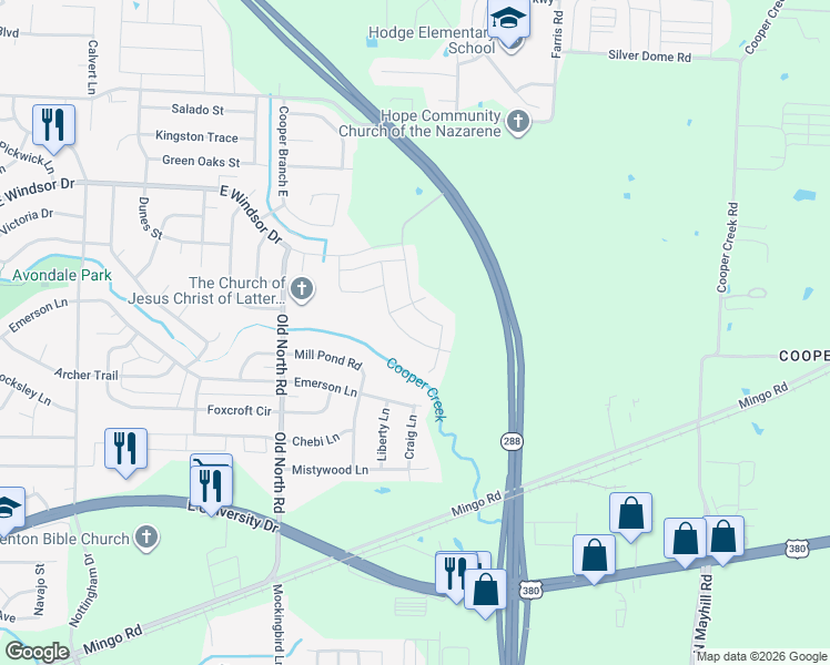 map of restaurants, bars, coffee shops, grocery stores, and more near 2816 Megan Street in Denton
