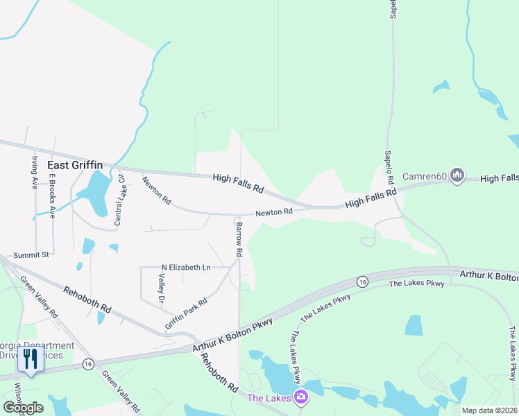map of restaurants, bars, coffee shops, grocery stores, and more near 1245 Newton Road in Griffin