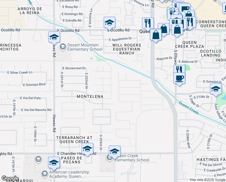 map of restaurants, bars, coffee shops, grocery stores, and more near 22797 South 204th Street in Queen Creek