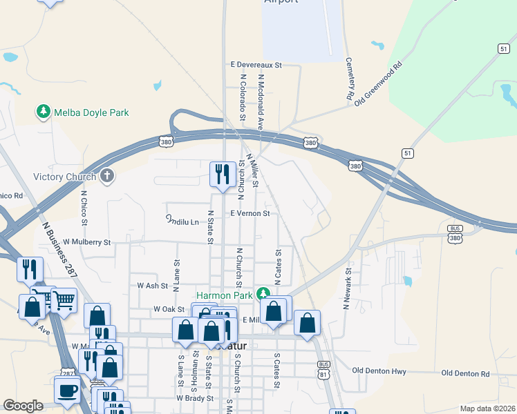 map of restaurants, bars, coffee shops, grocery stores, and more near 1002 North Miller Street in Decatur