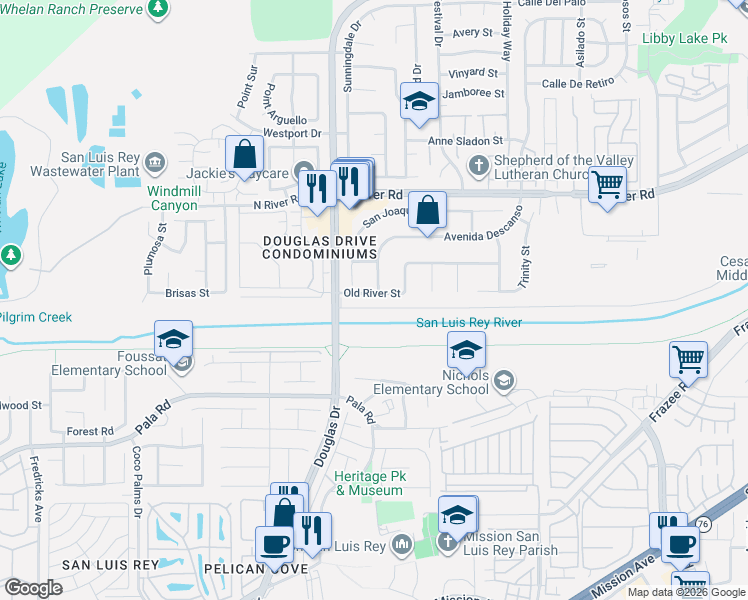 map of restaurants, bars, coffee shops, grocery stores, and more near 4417 Old River Street in Oceanside