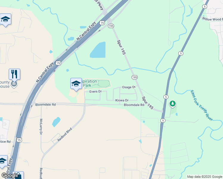 map of restaurants, bars, coffee shops, grocery stores, and more near 4113 Meramac Drive in McKinney