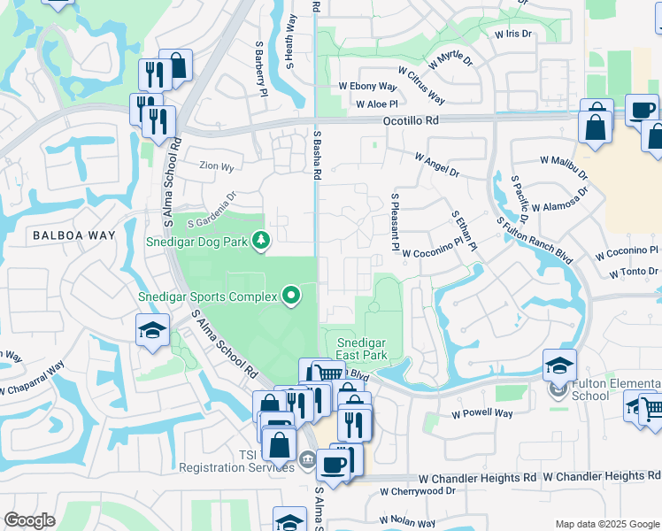 map of restaurants, bars, coffee shops, grocery stores, and more near 4489 South Felix Place in Chandler