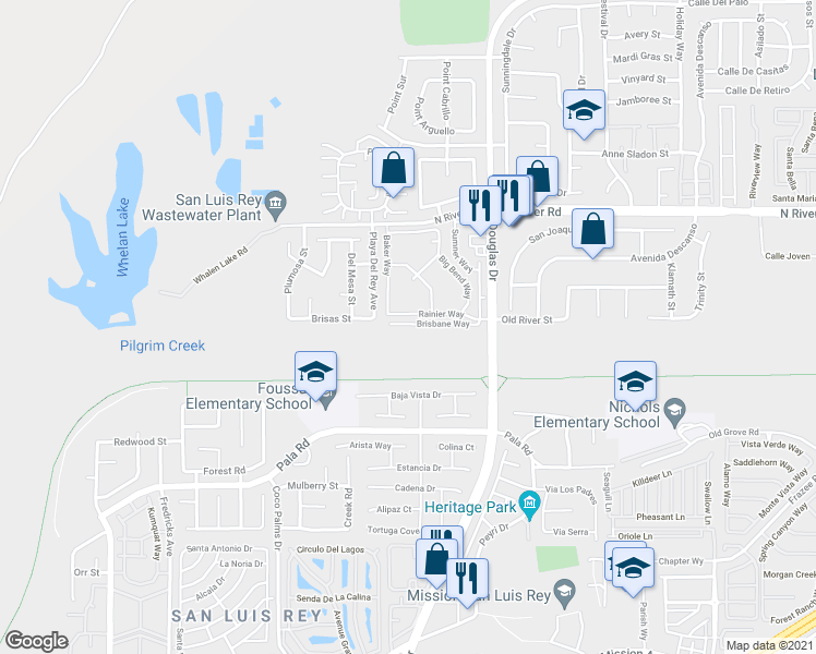 map of restaurants, bars, coffee shops, grocery stores, and more near 4446 Brisbane Way in Oceanside