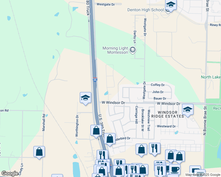 map of restaurants, bars, coffee shops, grocery stores, and more near 3200 West Windsor Drive in Denton