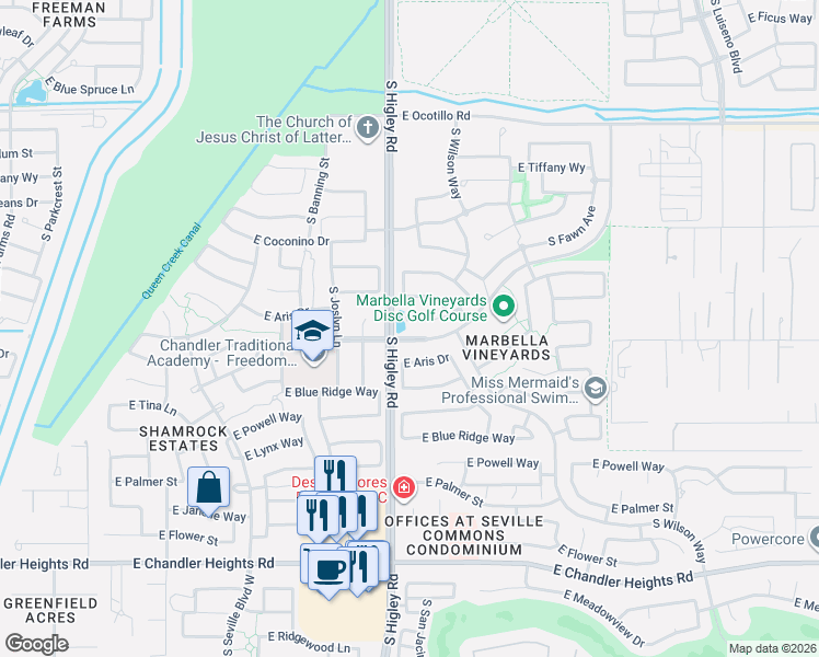 map of restaurants, bars, coffee shops, grocery stores, and more near 3237 Tonto Court in Gilbert