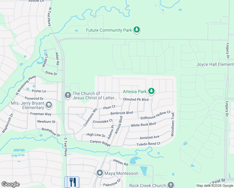 map of restaurants, bars, coffee shops, grocery stores, and more near 2117 Richmond Park Lane in Prosper