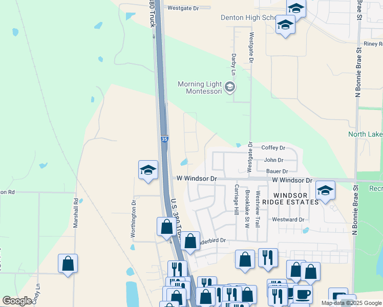 map of restaurants, bars, coffee shops, grocery stores, and more near 3200 West Windsor Drive in Denton