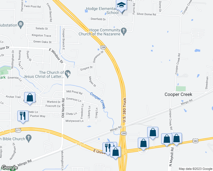 map of restaurants, bars, coffee shops, grocery stores, and more near 2712 Province Street in Denton