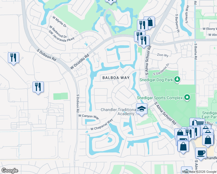 map of restaurants, bars, coffee shops, grocery stores, and more near 1726 West Kaibab Drive in Chandler