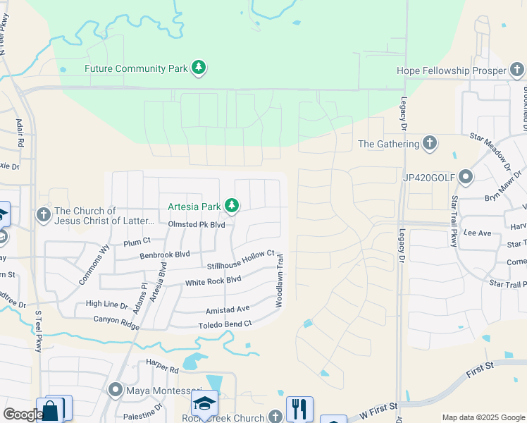 map of restaurants, bars, coffee shops, grocery stores, and more near 16616 Central Garden Lane in Prosper