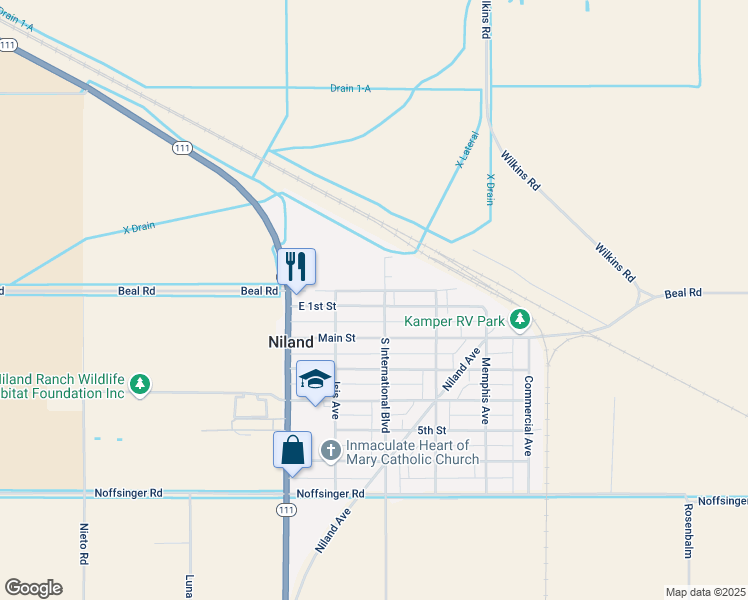 map of restaurants, bars, coffee shops, grocery stores, and more near 122 East 1st Street in Niland