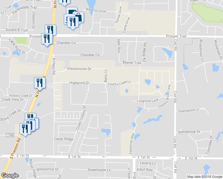 map of restaurants, bars, coffee shops, grocery stores, and more near 2302 Plymouth Colony Drive in Prosper