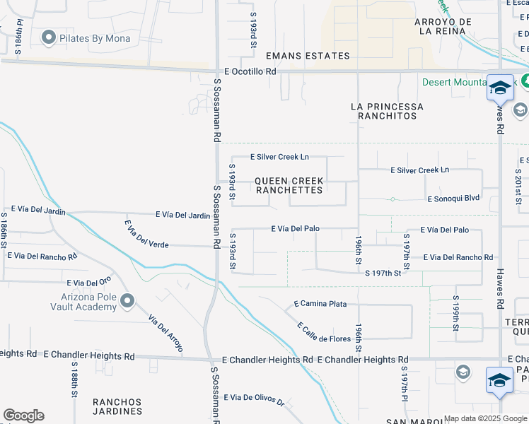 map of restaurants, bars, coffee shops, grocery stores, and more near 19343 Avenida Del Valle in Queen Creek