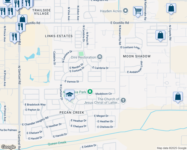 map of restaurants, bars, coffee shops, grocery stores, and more near 1302 East Santa Fiore Street in San Tan Valley