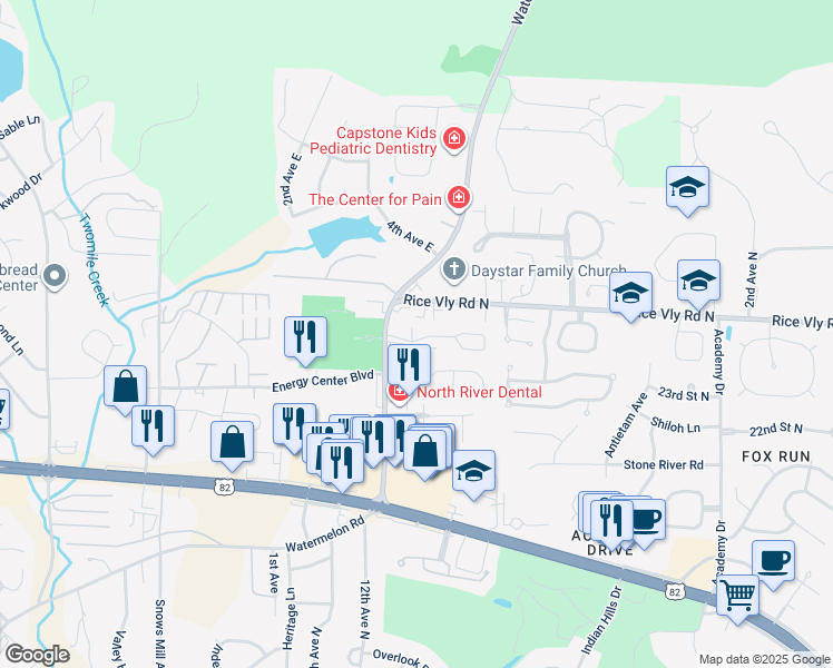 map of restaurants, bars, coffee shops, grocery stores, and more near 1072 Vineyards Drive in Tuscaloosa