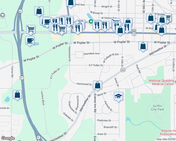 map of restaurants, bars, coffee shops, grocery stores, and more near 1255 Edgewood Avenue in Griffin