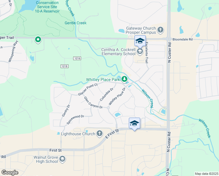 map of restaurants, bars, coffee shops, grocery stores, and more near 711 Columbia Drive in Prosper