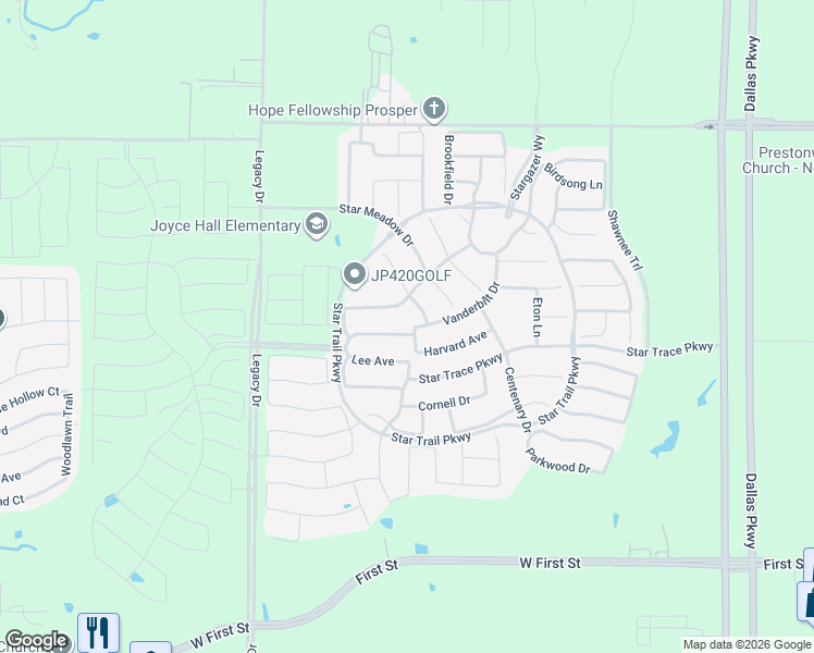 map of restaurants, bars, coffee shops, grocery stores, and more near 2070 Ivywood Lane in Prosper