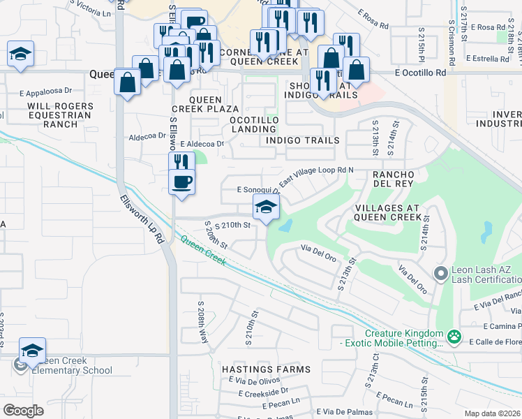 map of restaurants, bars, coffee shops, grocery stores, and more near 20991 East Vía Del Palo in Queen Creek