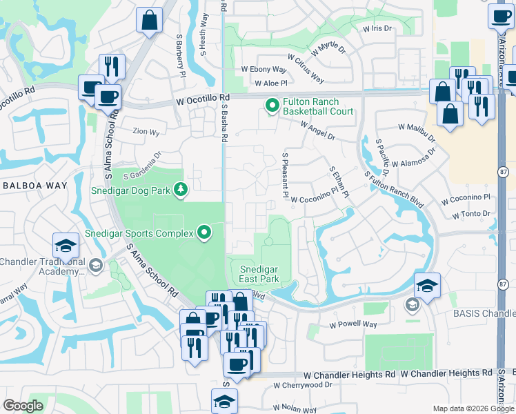 map of restaurants, bars, coffee shops, grocery stores, and more near 4495 South Emerson Street in Chandler