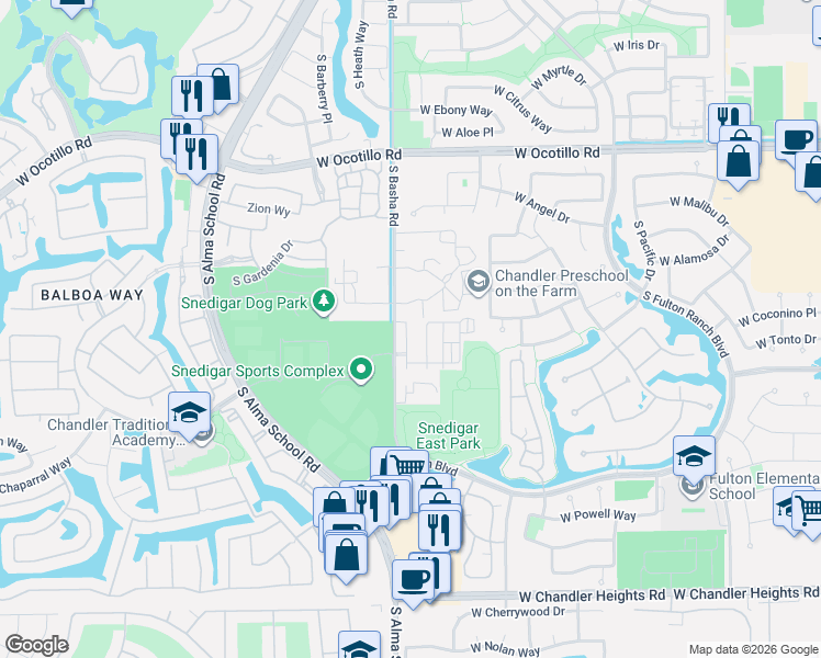 map of restaurants, bars, coffee shops, grocery stores, and more near 4489 South Felix Place in Chandler