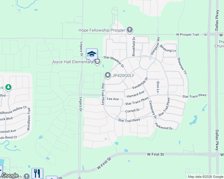 map of restaurants, bars, coffee shops, grocery stores, and more near 2130 Ivywood Lane in Prosper